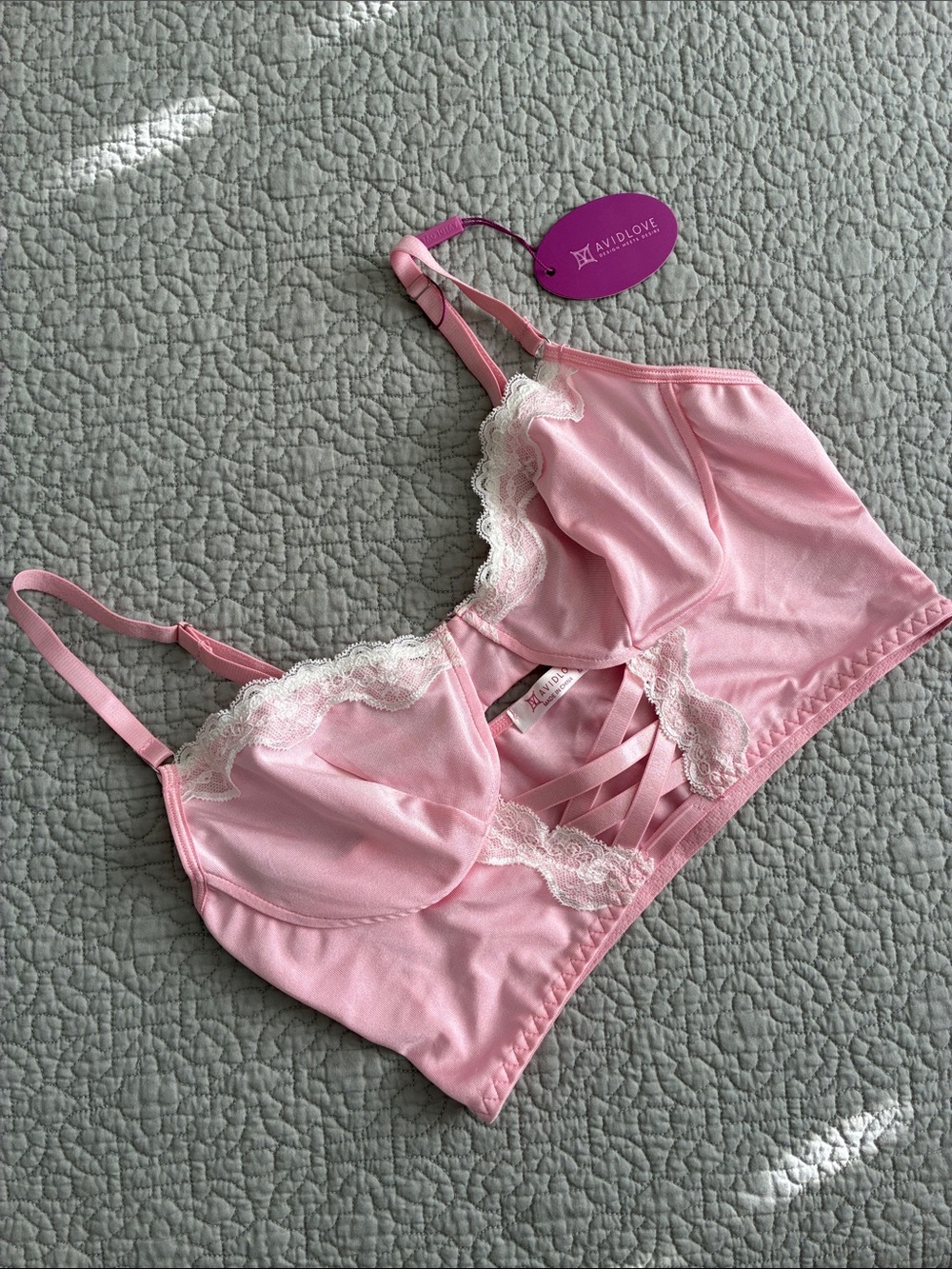 NEW Avidlove Pink Satin Bralette Bustier Bra White Lace Trim Medium Strappy